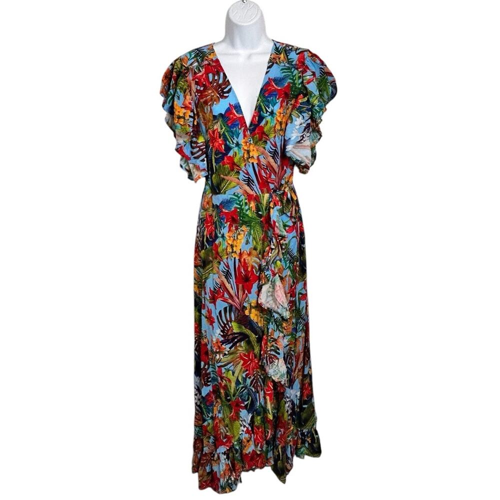 Bali ELF Made By Hand Carmen Floral Tiered Wrap Maxi Dress Sz XL Jungle Oasis - Picture 10 of 10